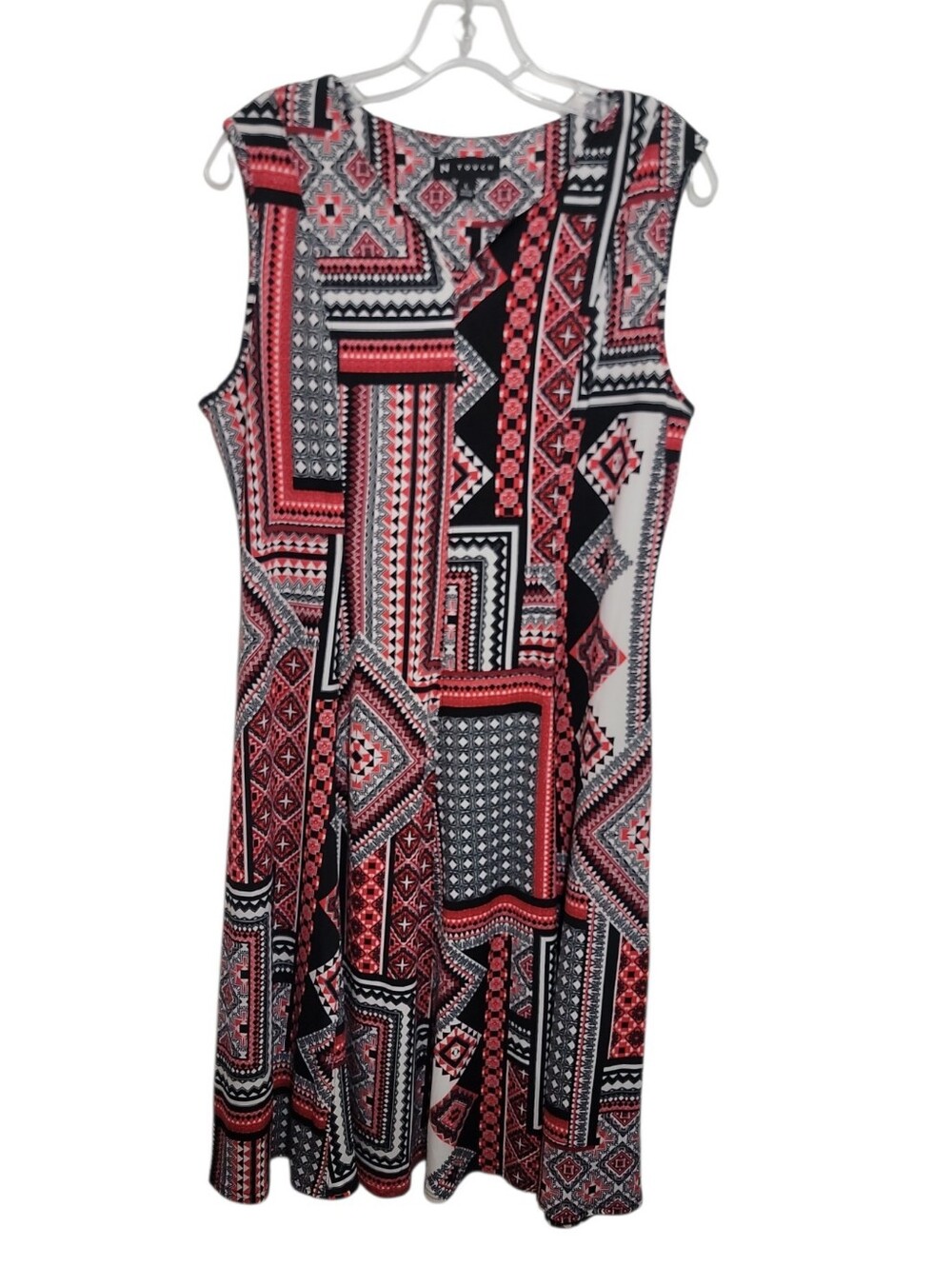 N Touch geometric print sleeveless fit flare dress women's  large red black